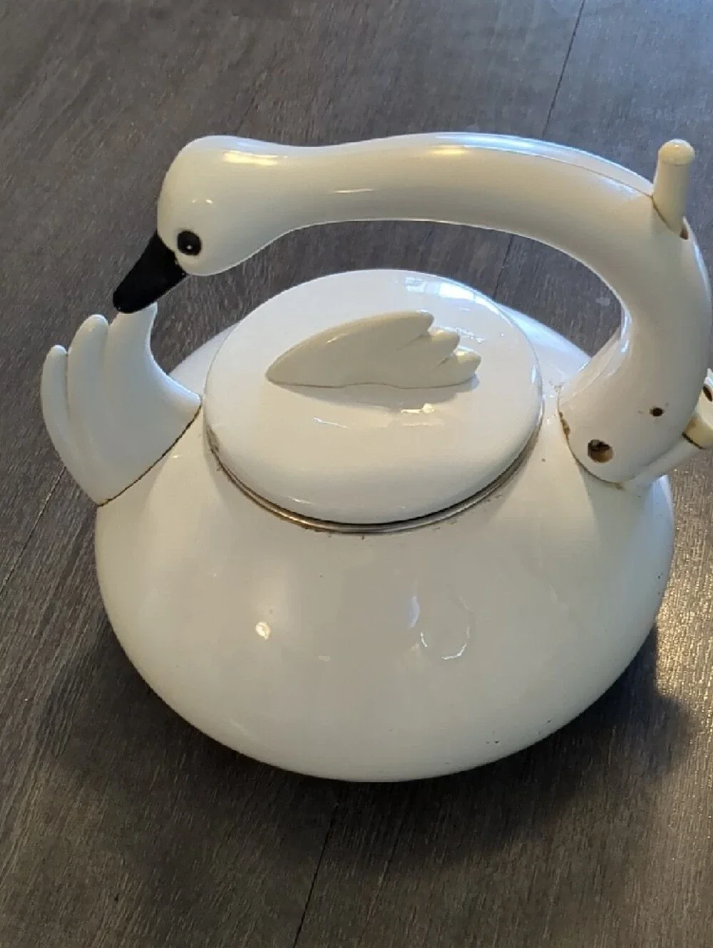 Vintage 90s Swan Whistling Tea Kettle M. Kamenstein White Enamel Teapot